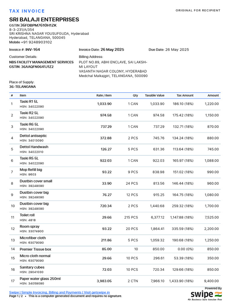 Tax Invoice for Sri Balaji Enterprises | PDF | Payments