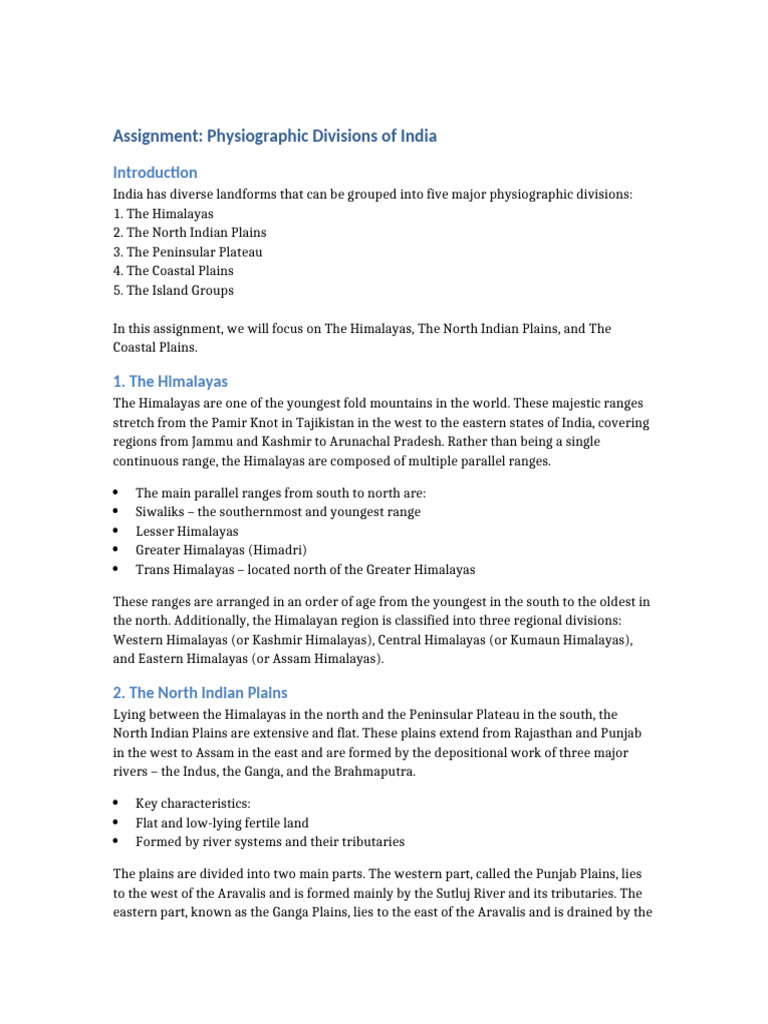 Physiographic Divisions of India Assignment | PDF | Himalayas | Coast
