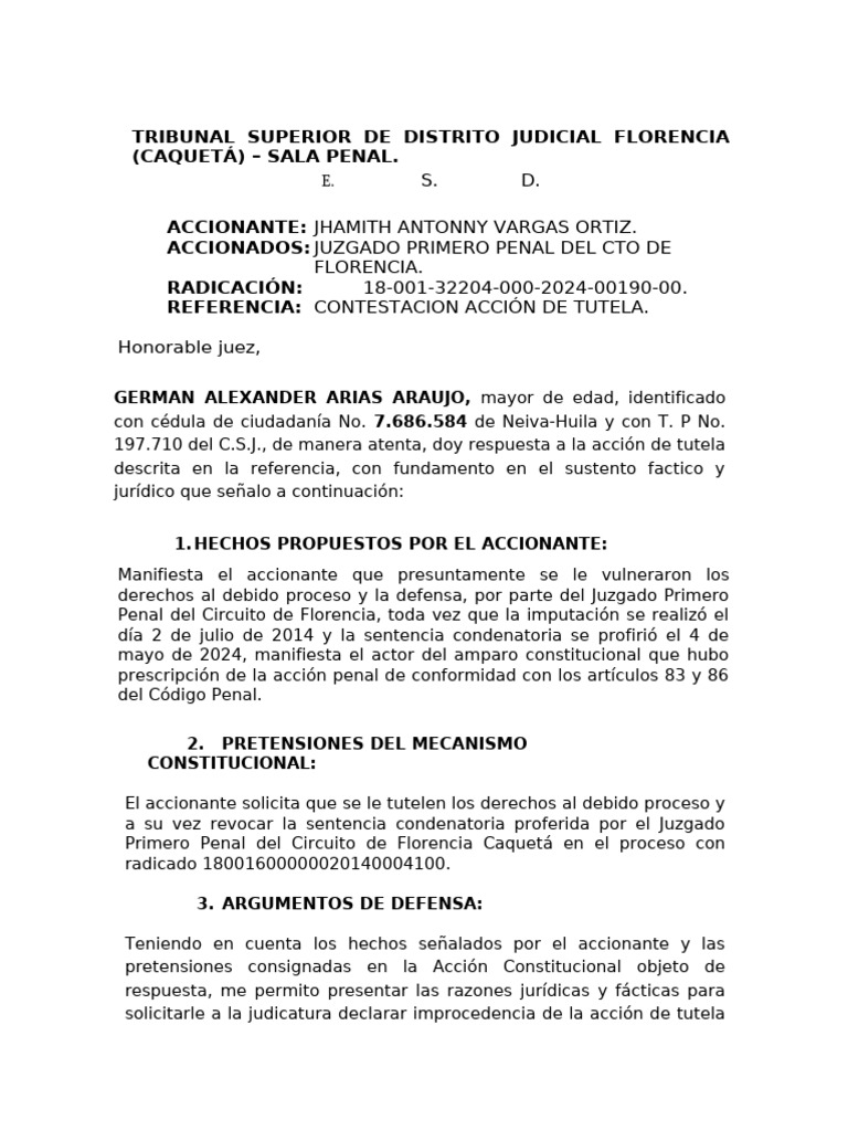 Contestación a Acción de Tutela en Florencia | PDF | Debido al proceso ...