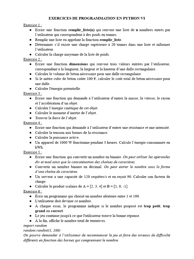 Exercices pratiques de programmation Python | PDF | Béton | Masse