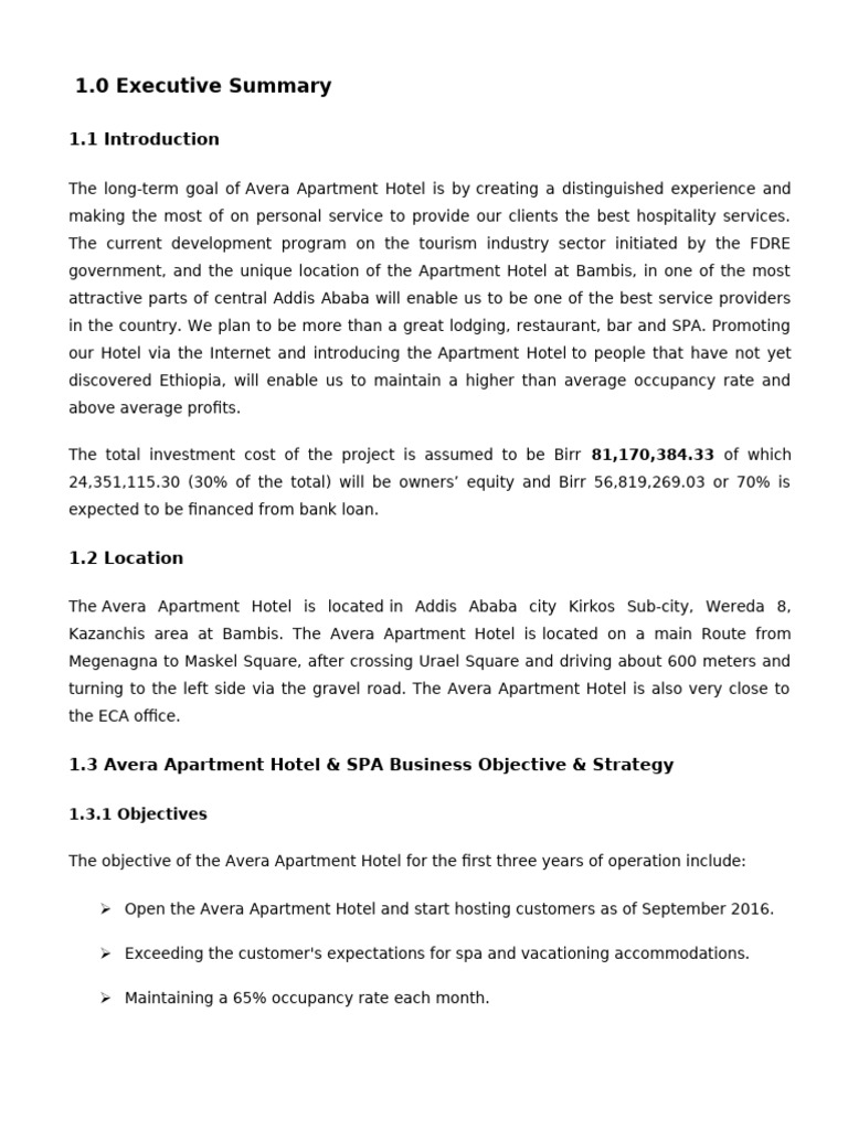 Avera Appartment Hotel Business Plan Final | PDF | Hotel | Ethiopia