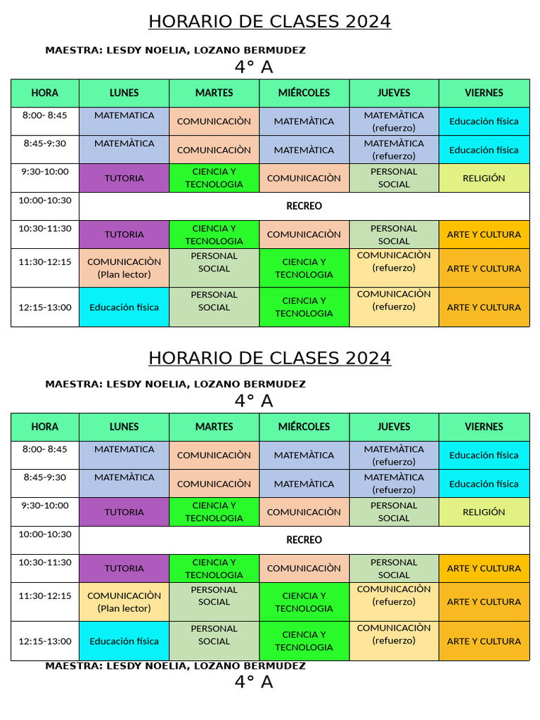 HORARIO DE CLASES 2024 - 4TO A Modificado | PDF