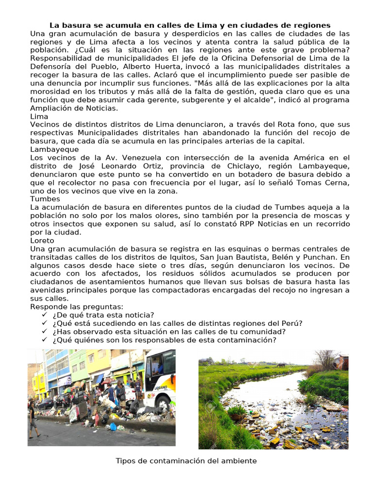 Basura en calles de Lima y regiones peruanas | PDF | Contaminación ...