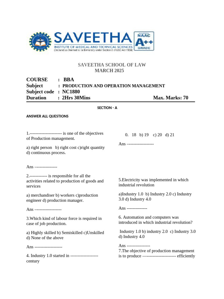 BBA Production and Operations Management Exam | PDF | Business Process ...