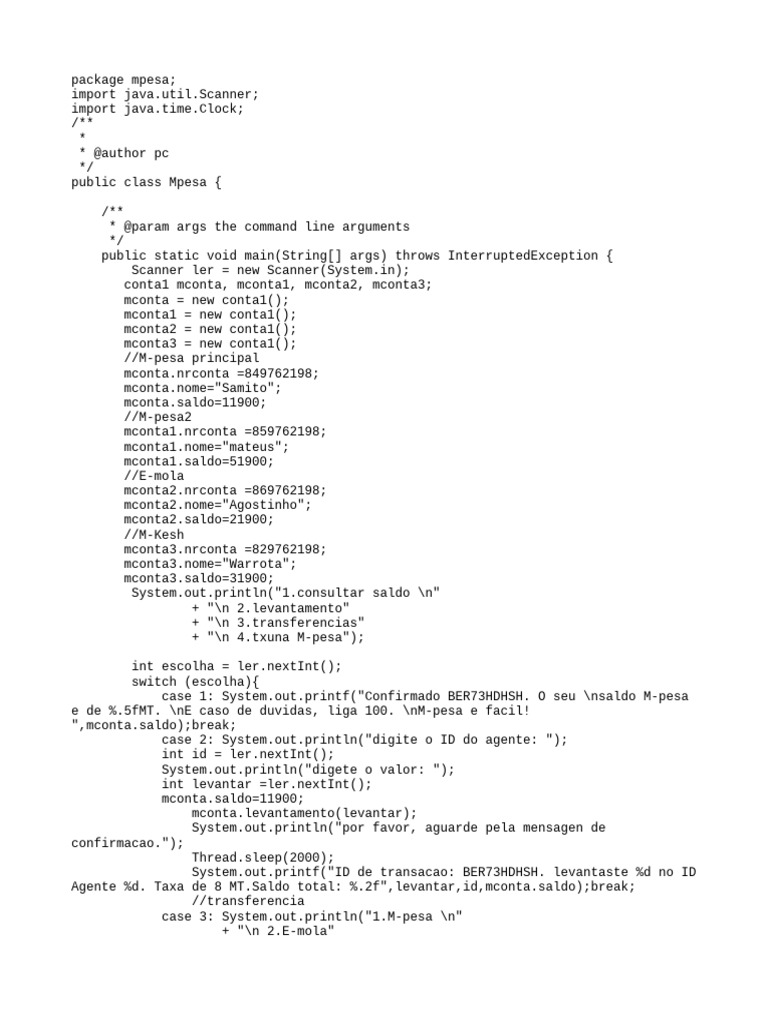 Sistema de Transações M-Pesa em Java | PDF | Programação de ...