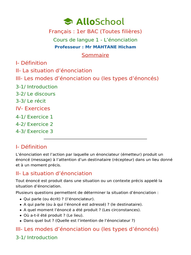 Cours sur l'Énonciation 1er Bac | PDF | Grammaire | Linguistique
