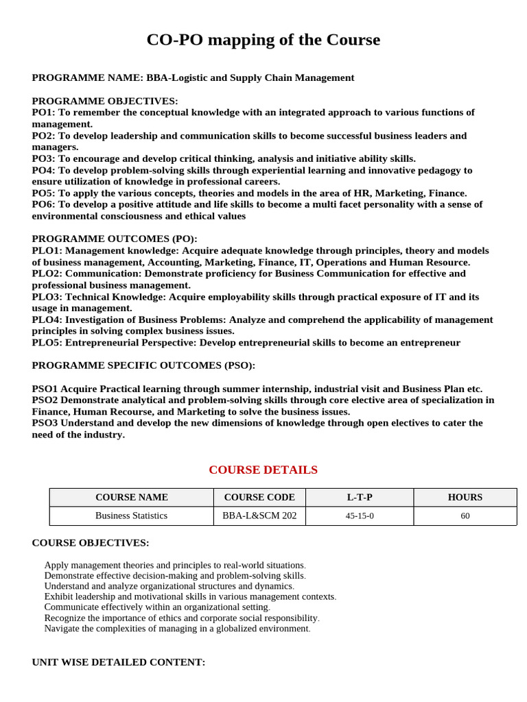 BBA Logistics Course CO-PO Mapping | PDF | Cost Of Living | Knowledge