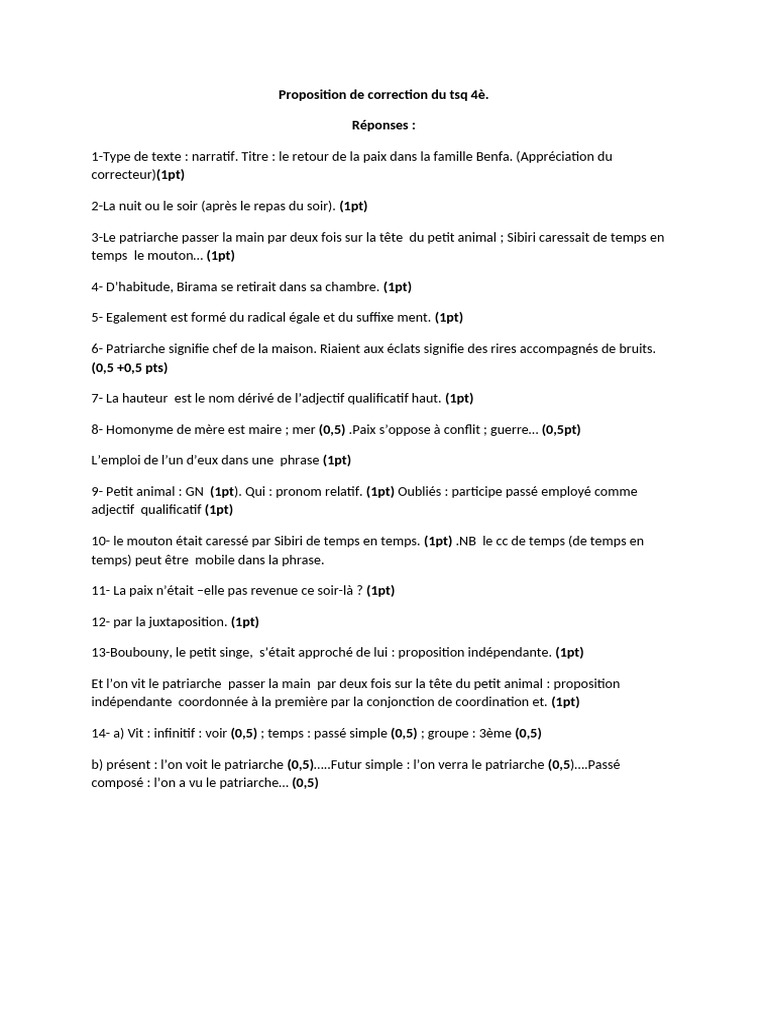 Correction du TSQ 4ème - Exemples et réponses | PDF
