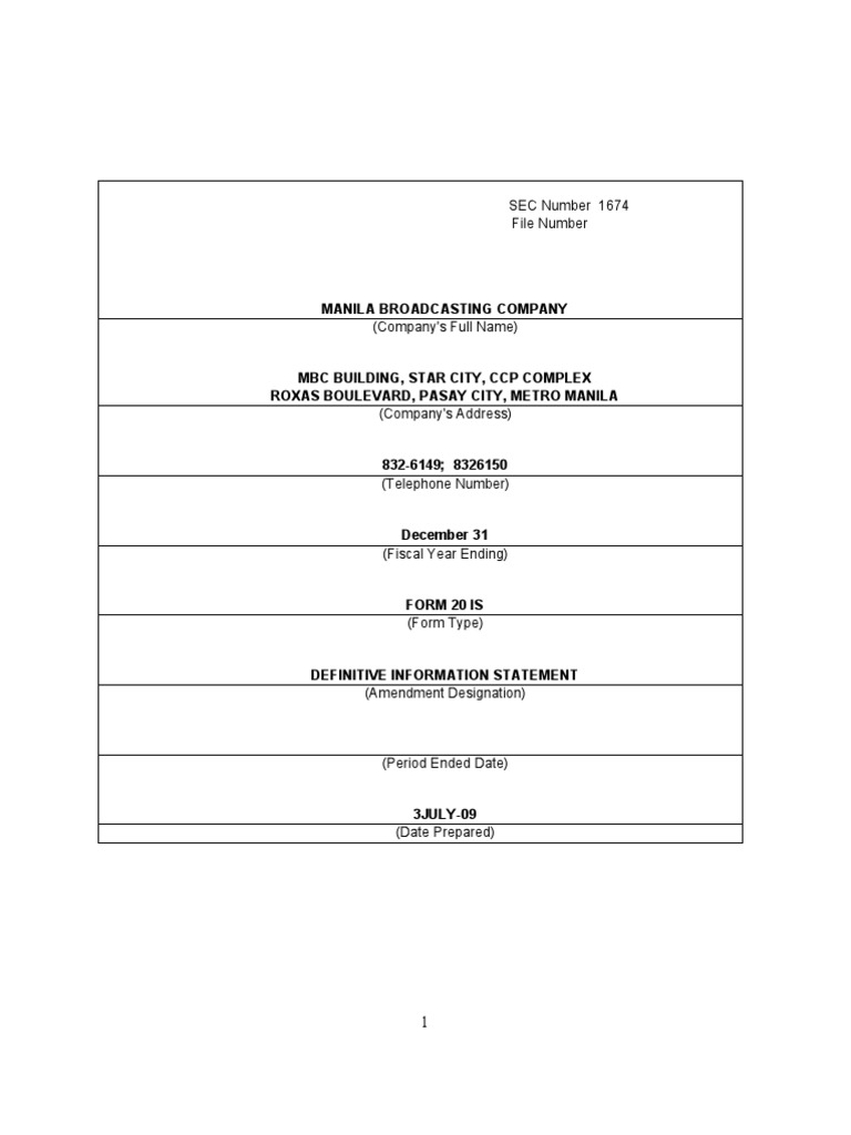 SEC Number 1674 File Number: Manila Broadcasting Company | PDF | Stocks ...