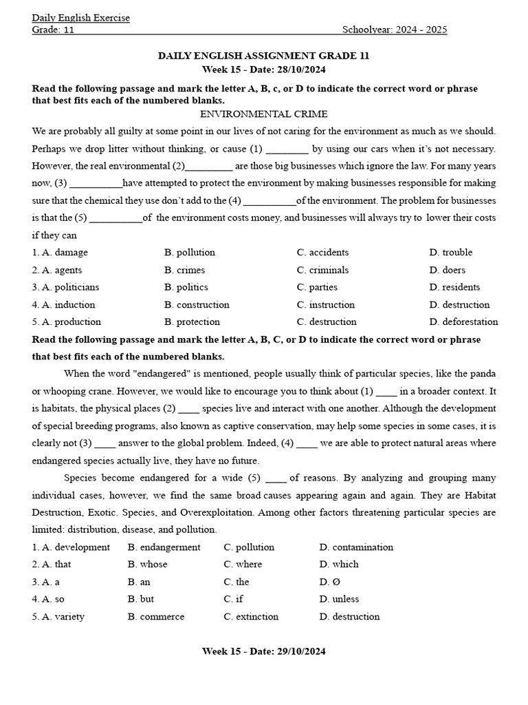 Grade 11 Daily English Exercises: Environment | PDF | Climate Change ...
