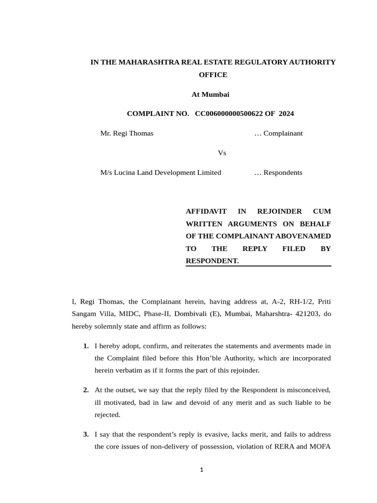 RERA Complaint Rejoinder: Regi Thomas vs. Lucina Land | PDF ...