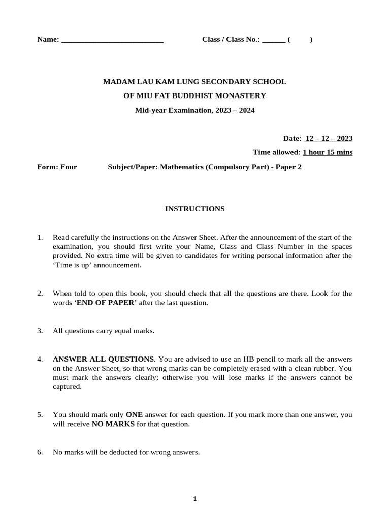 Mid-Year Math Exam Paper 2023-24 | PDF | Quadratic Equation | Geometry