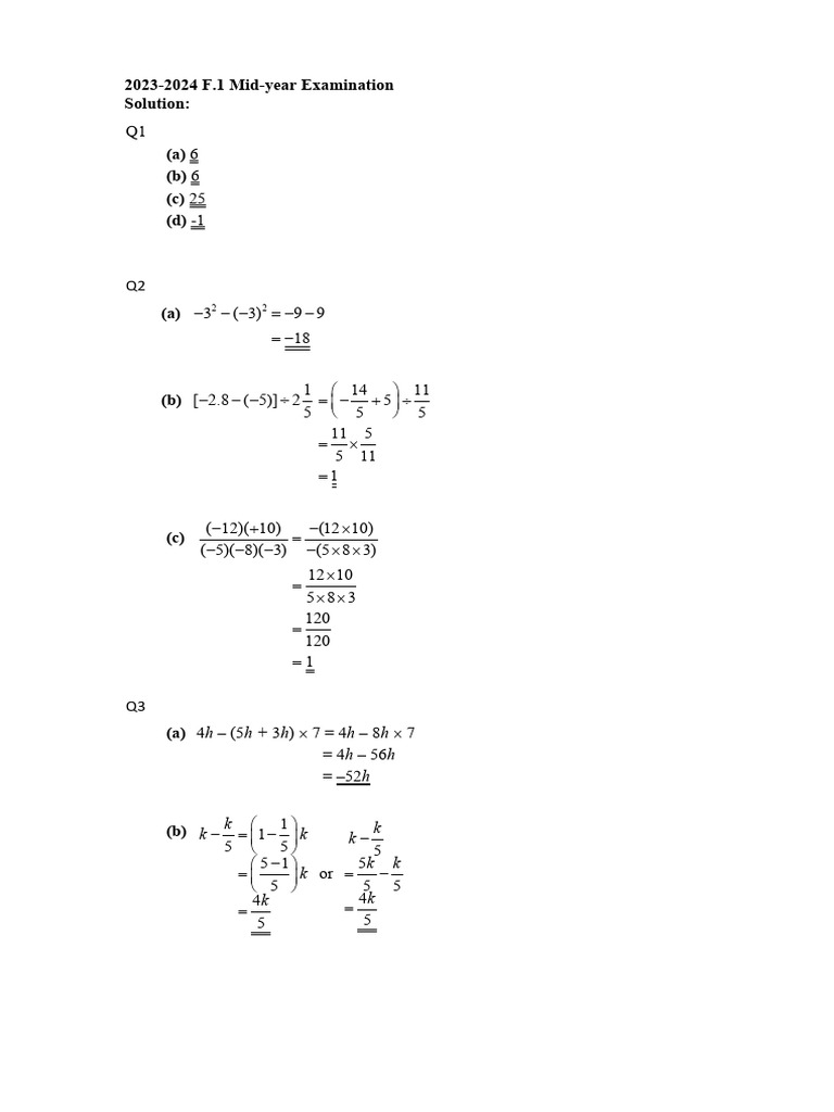 2023-24 F1 MAT Mid-Year Exam Paper 1 - Solution - Eng (For Students) | PDF