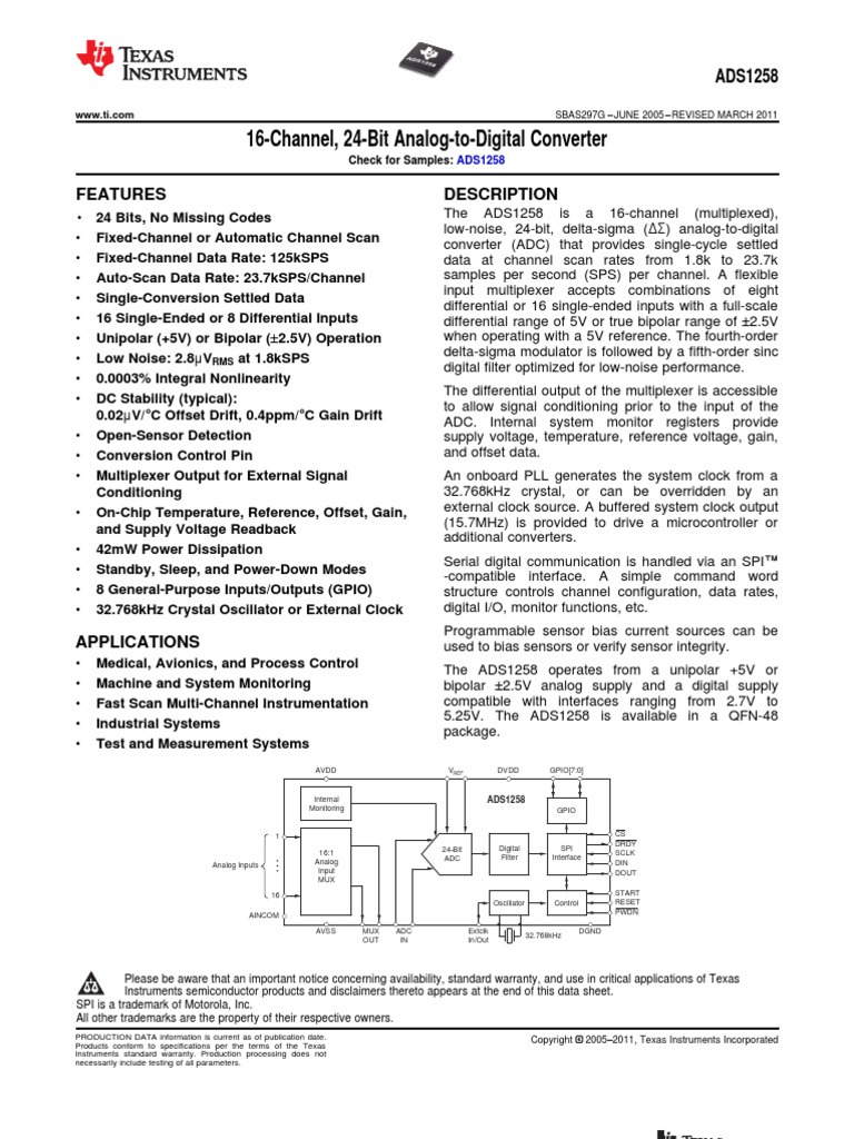 ADS1258 16 Channels 24 Bit TI | PDF | Analog To Digital Converter ...