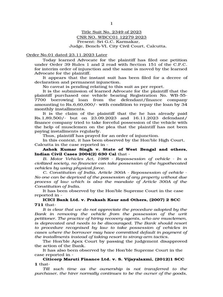 Vehicle Repossession Injunction Order | PDF | Lawsuit | Injunction