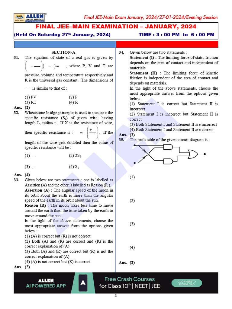 JEE Main Physics Test Paper Answers 2024 | PDF | Friction | Gases