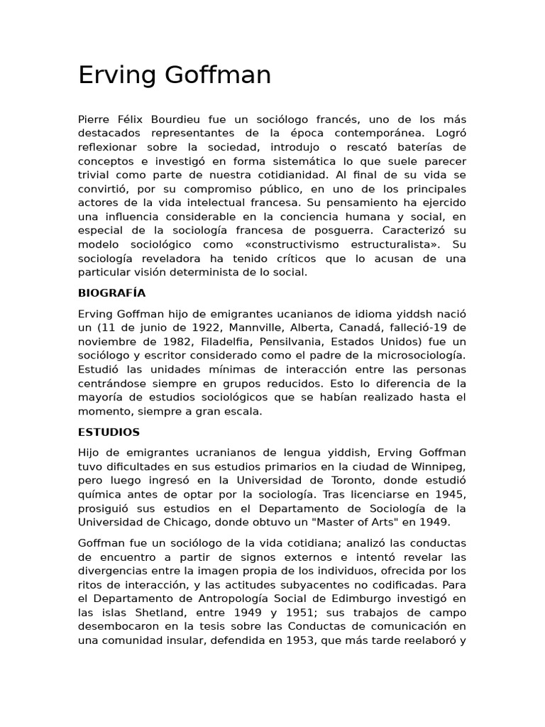 Erving Goffman: Dramaturgia Social y Sociología | PDF | Sociología ...