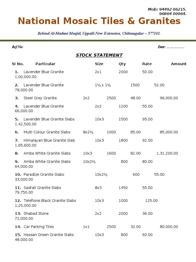 Stock Statement for Granite and Tiles | PDF