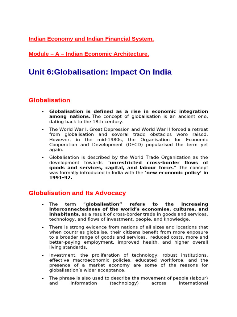 Unit 6globalisation Impact On India | PDF | Globalization | Protectionism