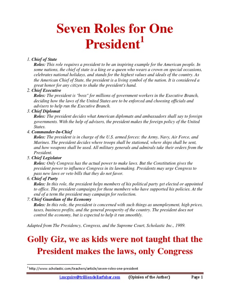 Seven Roles For One President Pdf Presidents Of The United States American Government