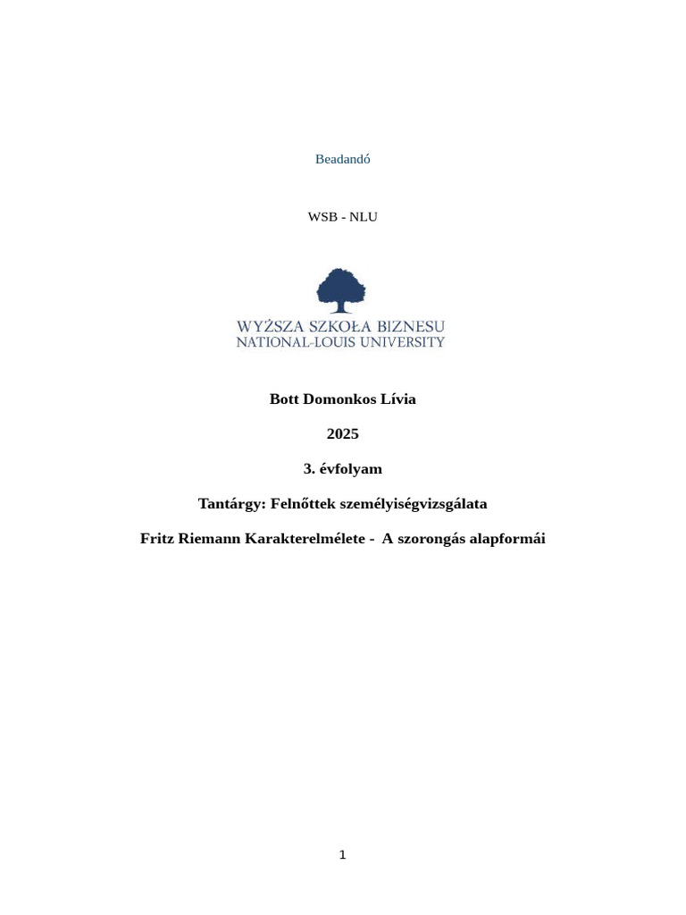Fritz Riemann Szorongas Formai Pszichologiai Vizsgalata | PDF