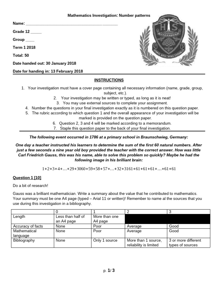 Grade 12 Number Patterns Investigation | PDF | Mathematics