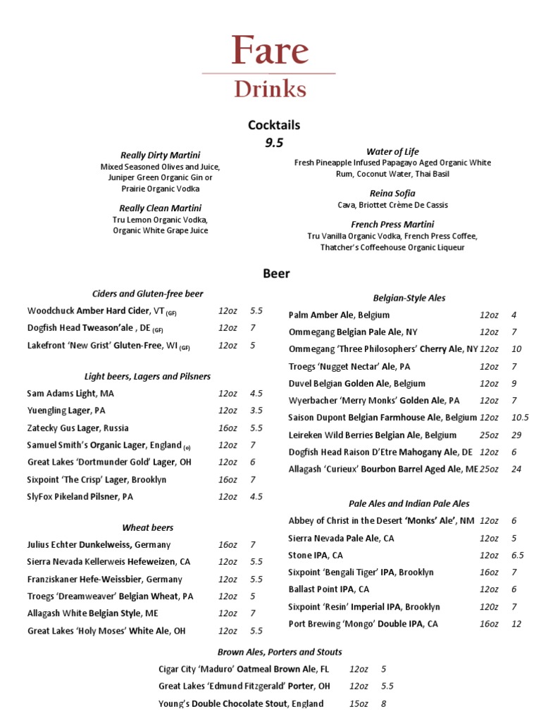 Comprehensive Drinks Menu with Prices | PDF | Ale | Grape