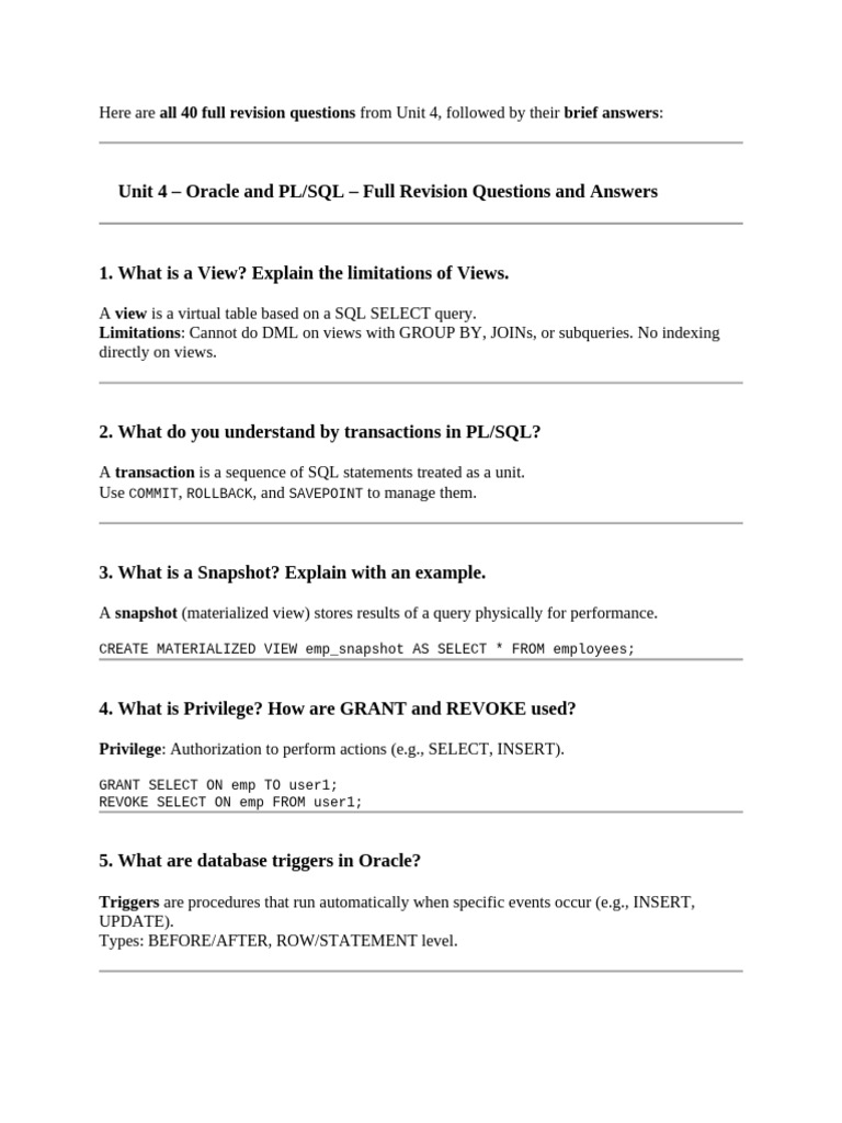 Practice Question Answers | PDF | Pl/Sql | Database Index