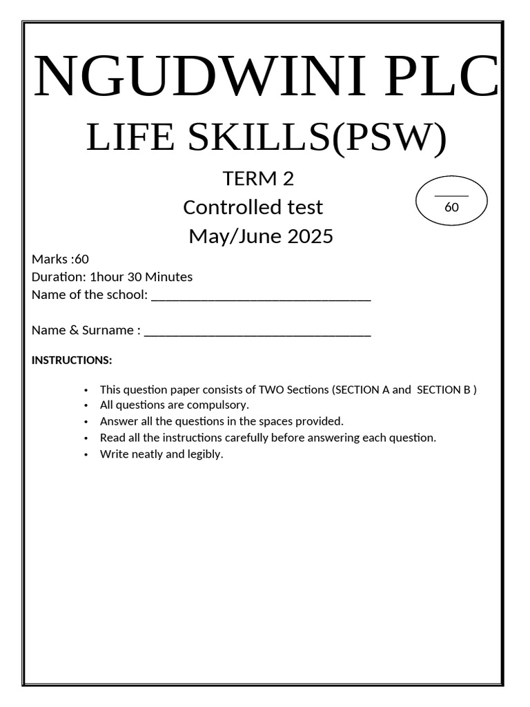 Grade 6 Life Skills Term 2 Test | PDF | Bullying | Teachers