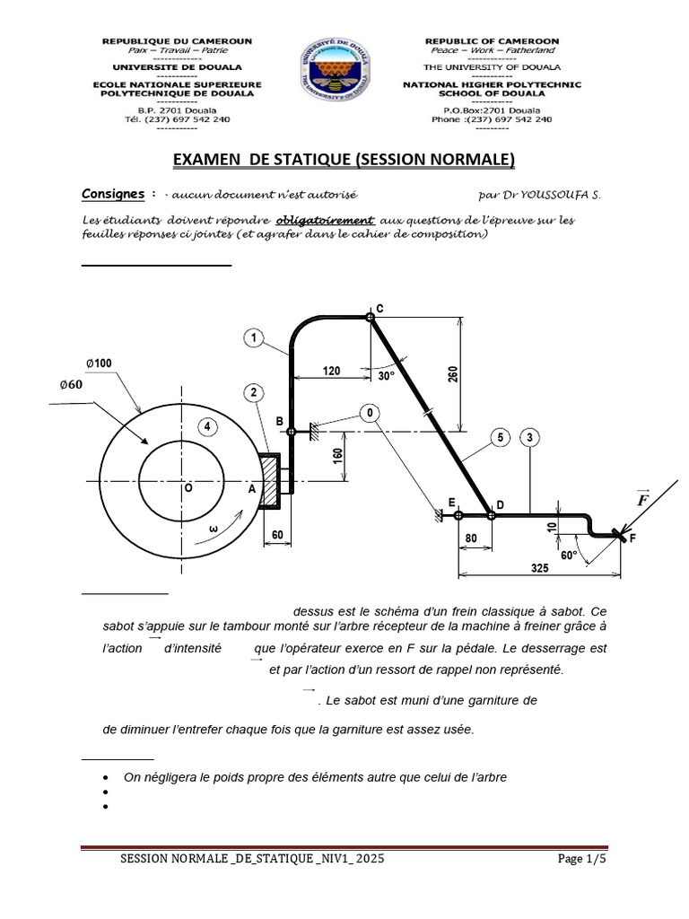 Examen Statique NIV1 2025: Freins et Arbres | PDF | Mécanique ...