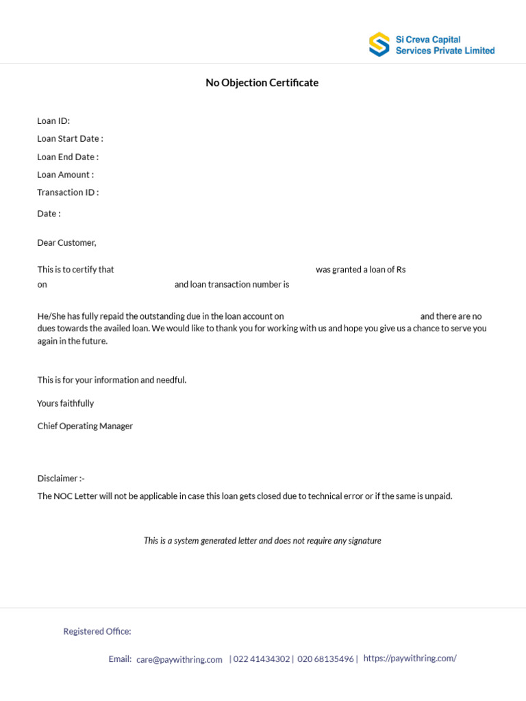 Loan No Objection Certificate Template | PDF