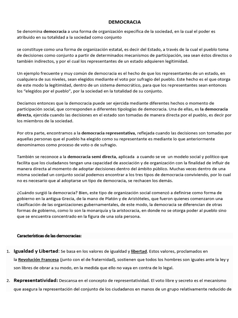 Tipos y Características de la Democracia | PDF | Democracia ...