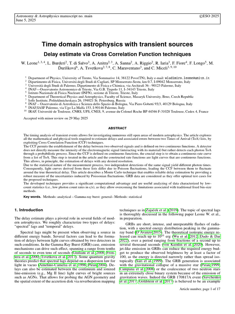 Time Domain Astrophysics With Transient Sources: Delay Estimate Via ...