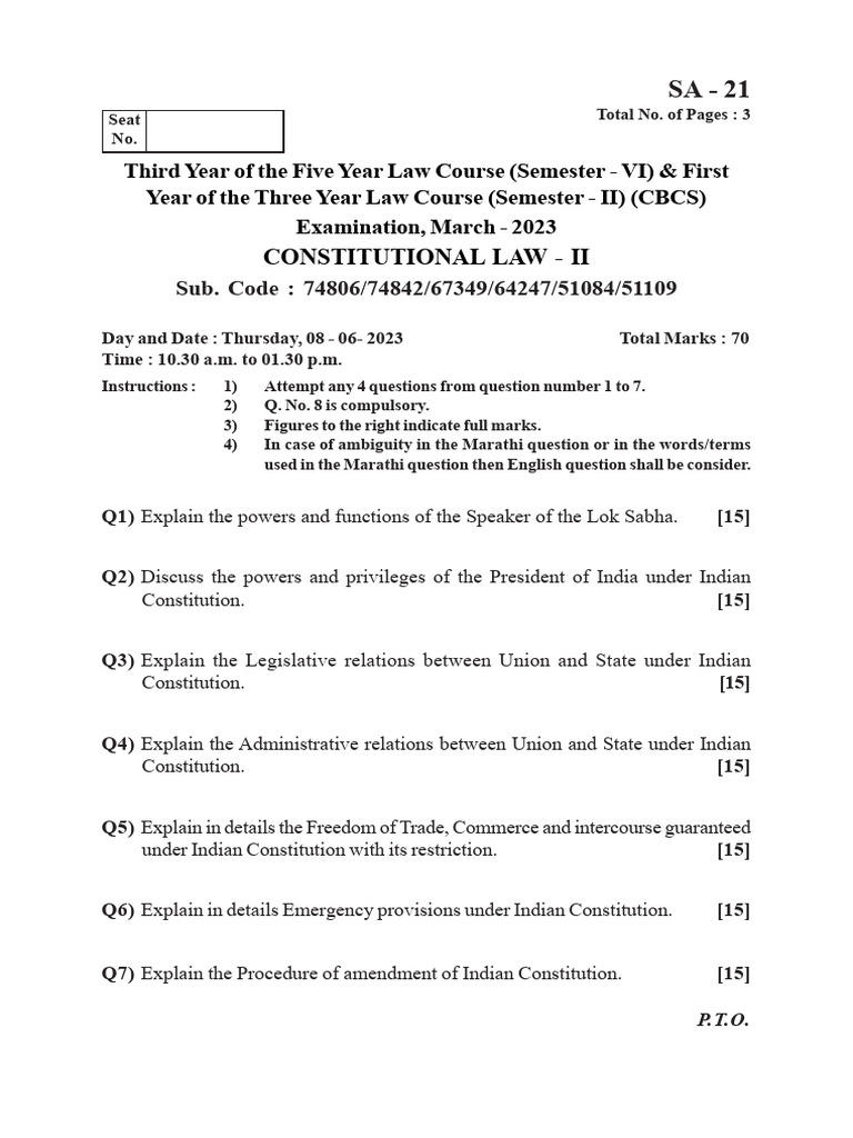 Constitutional Law - II - June | PDF | Constitution | Government Of India