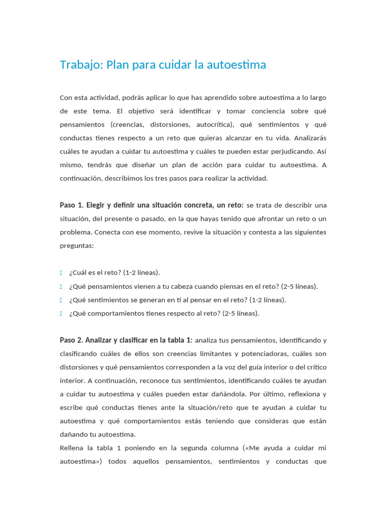 Plan de Acción para Mejorar la Autoestima | PDF | Autoestima | Cognición