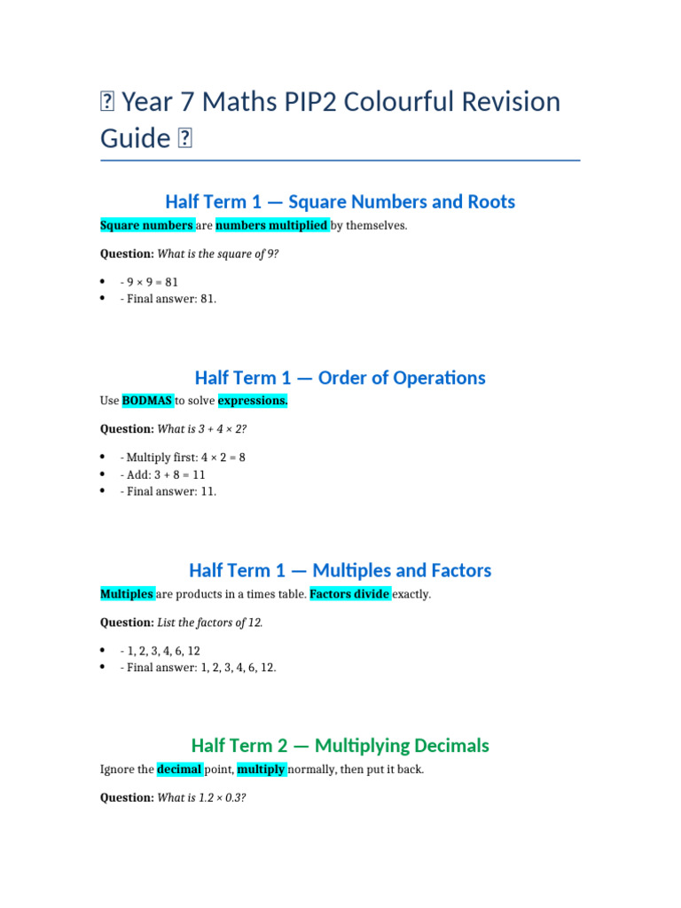 Year 7 Maths Revision Guide | PDF