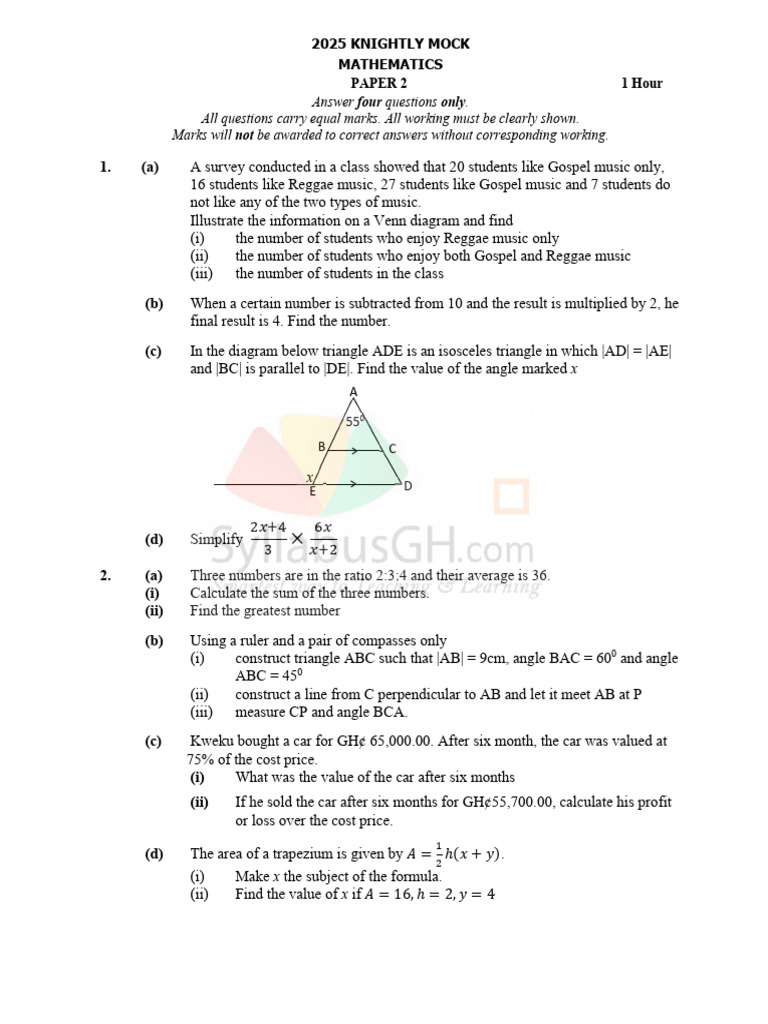 2025 Knightly Mock Math Exam Paper | PDF | Cartesian Coordinate System ...