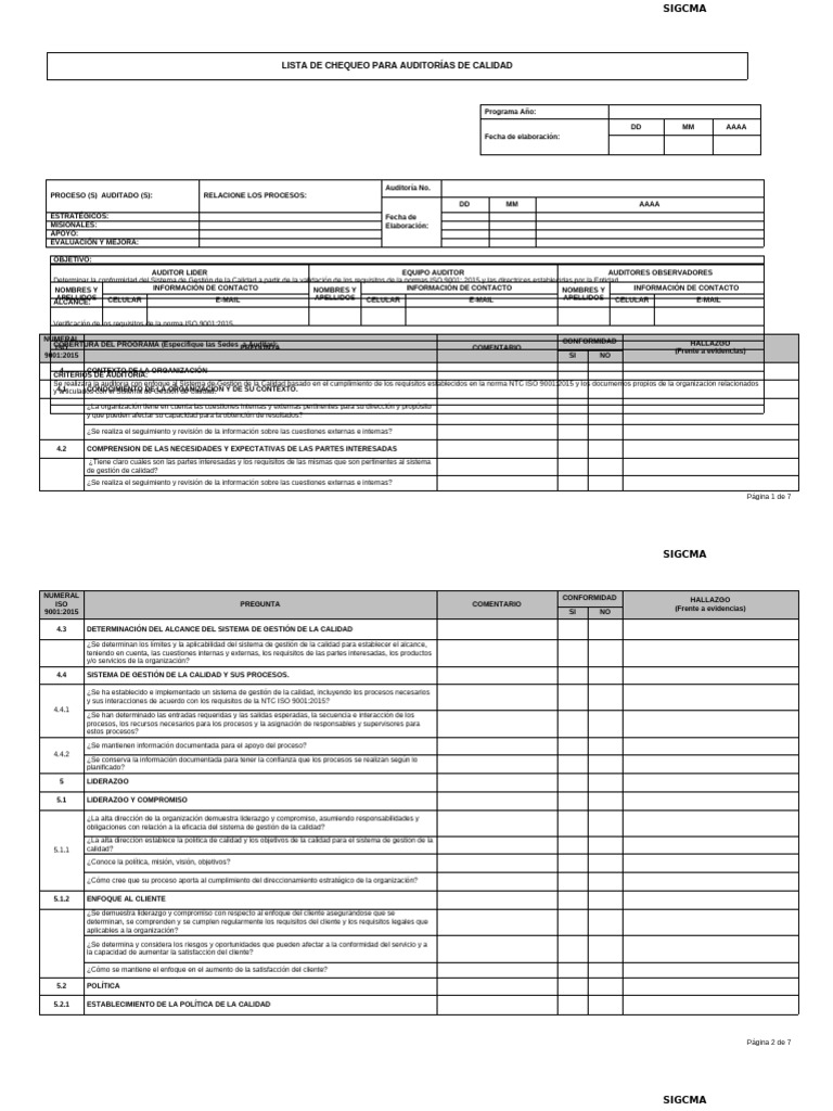 Lista de Chequeo Auditoría ISO 9001:2015 | PDF | Sistema de manejo de ...