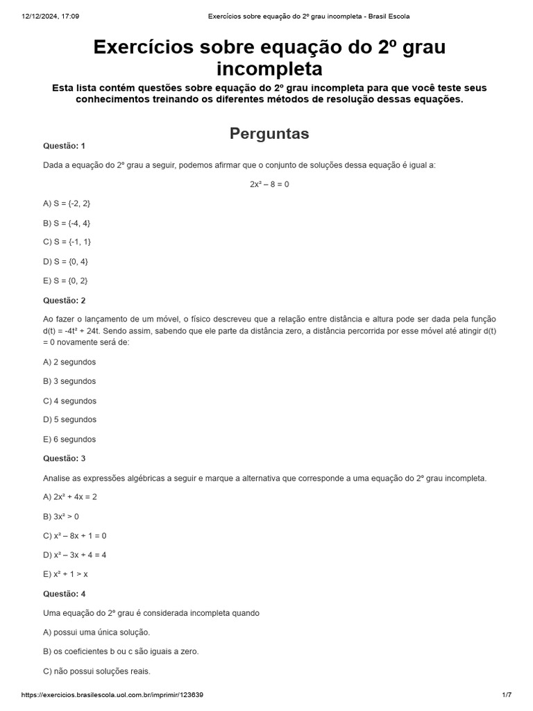 Exercícios de Equações Incompletas 2º Grau | PDF | Equações | Equação ...