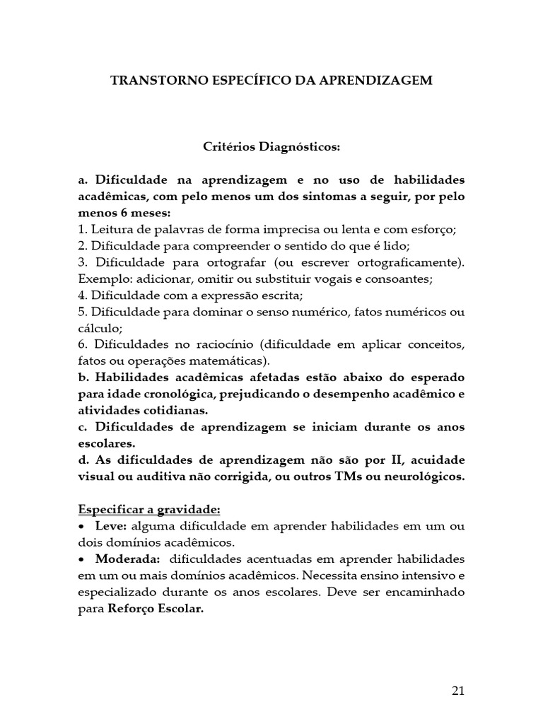 Transtorno Específico da Aprendizagem | PDF | Dislexia | Aprendizado
