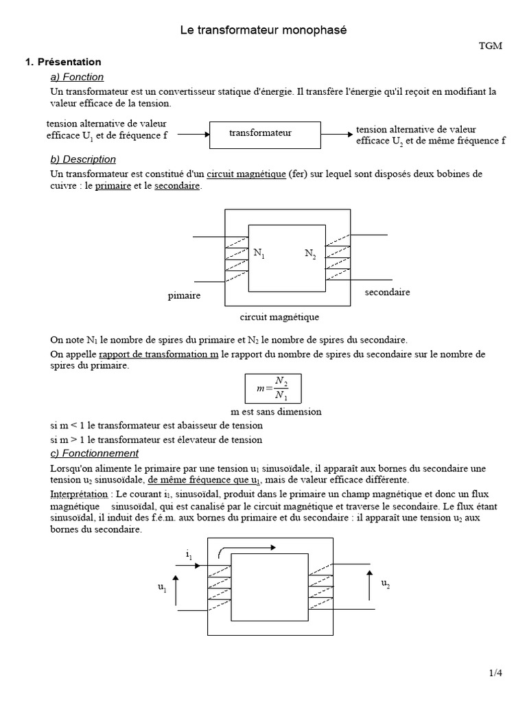Fonctionnement du transformateur monophasé | PDF | Transformateur ...