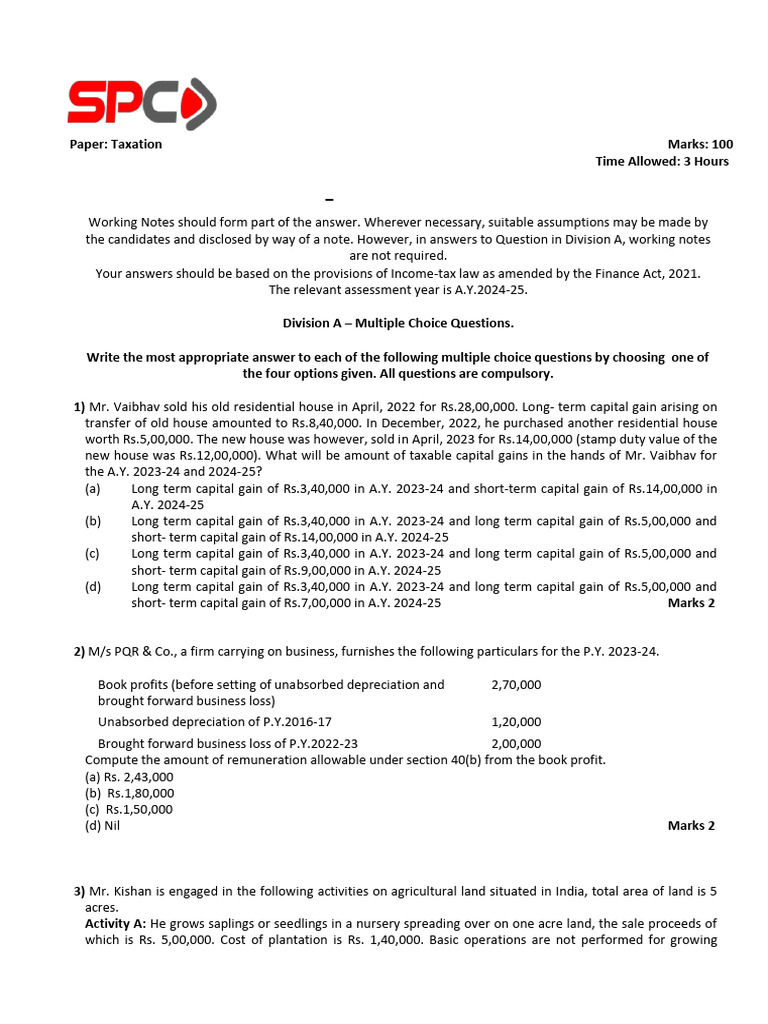 Income Tax Exam Paper A.Y. 2024-25 | PDF | Value Added Tax | Employee ...