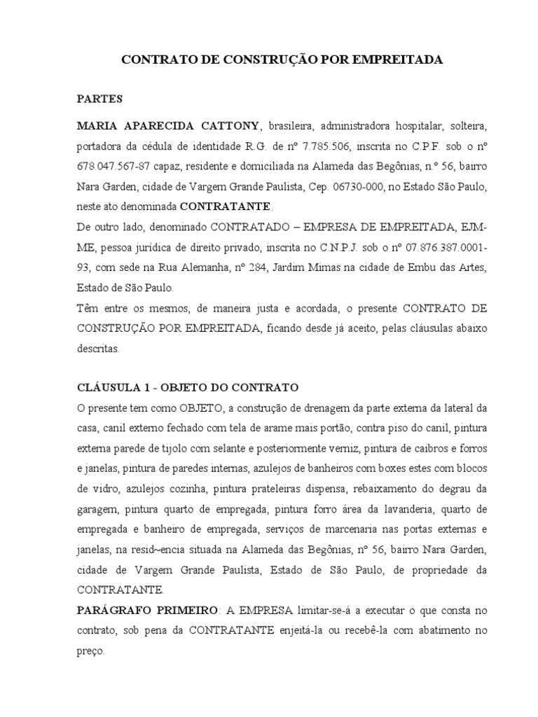 Contrato De Empreitada De MÃo De Obra Cidade Negócios Geral