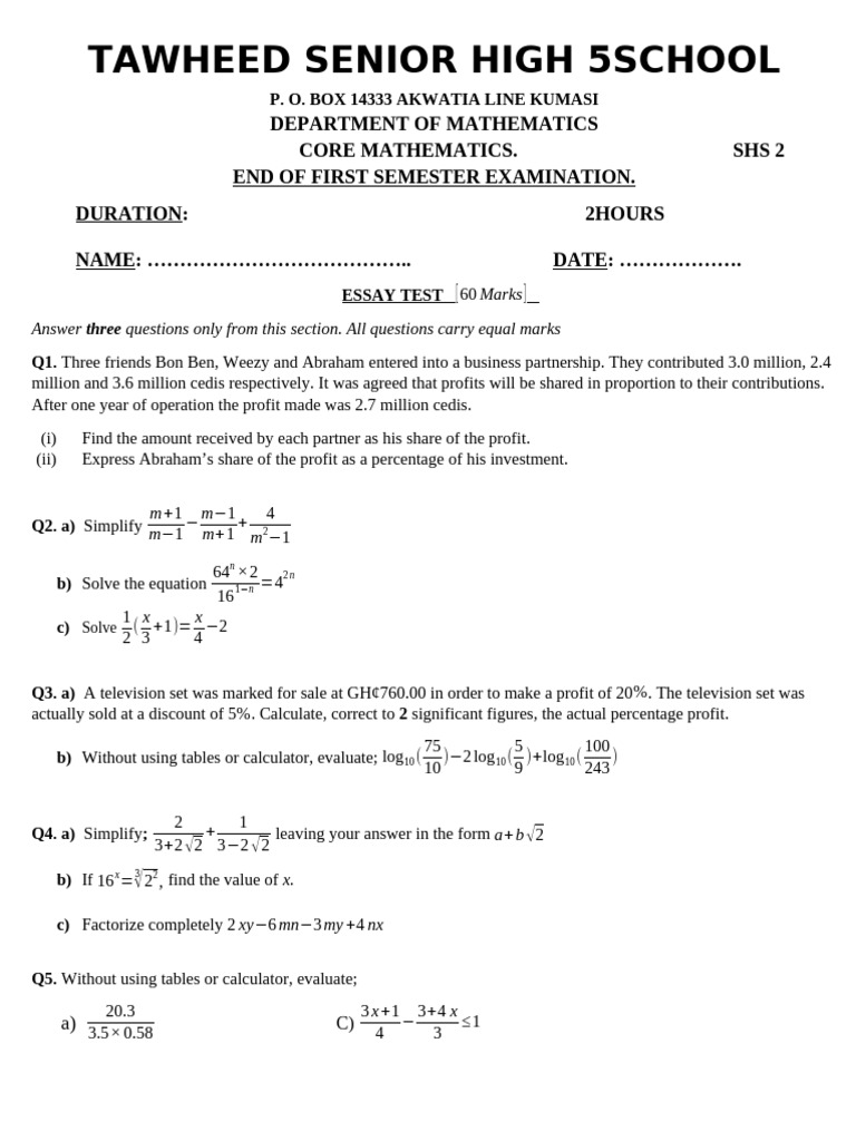 SHS 2 Mathematics Exam Review | PDF | Mathematics