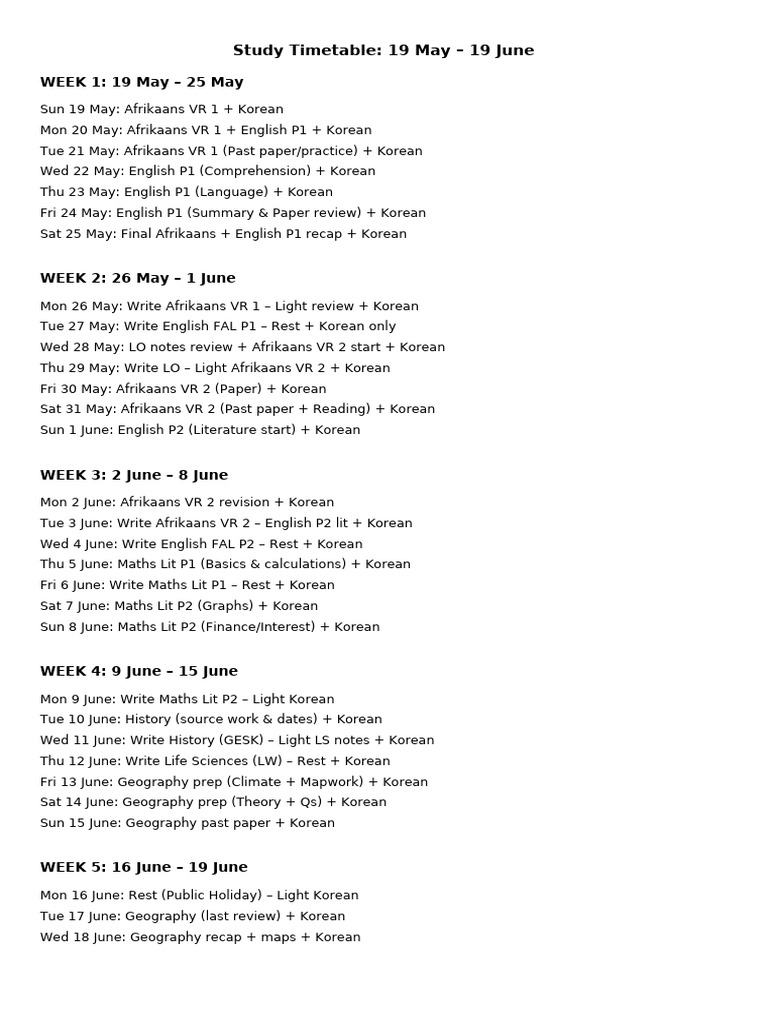 Study Timetable May June 2025 | PDF