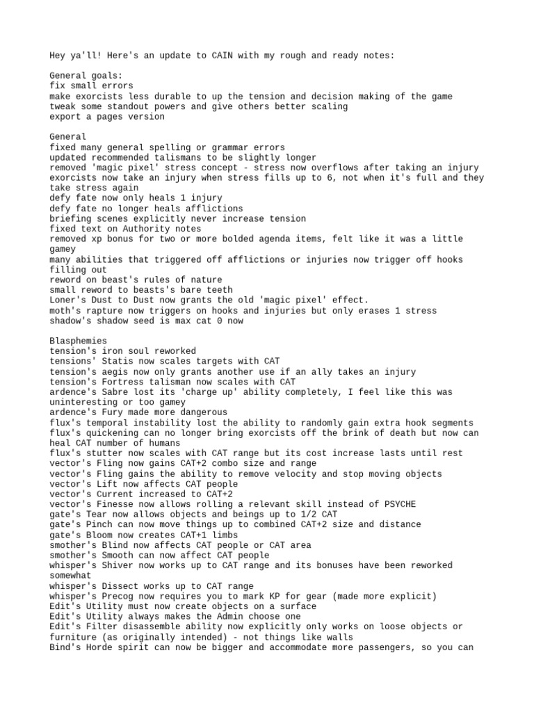 CAIN RPG 1.2 Update Notes | PDF