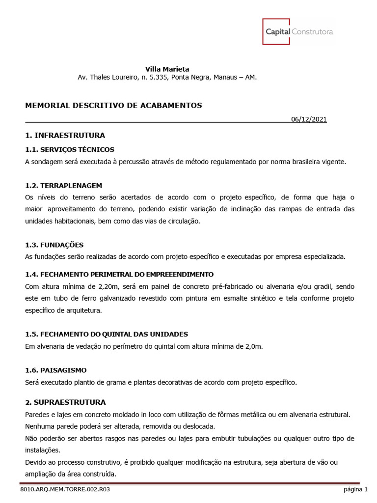 Memorial Descritivo de Acabamentos | PDF | Chuveiro | Ar condicionado