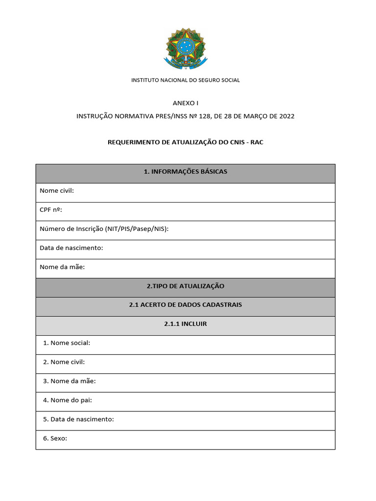 Requerimento de Atualização do CNIS - RAC | PDF