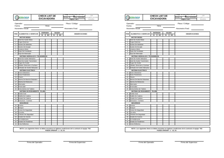 Ep Rau Pro Ids For 36 Check List Excavadora | PDF | Vehículos ...