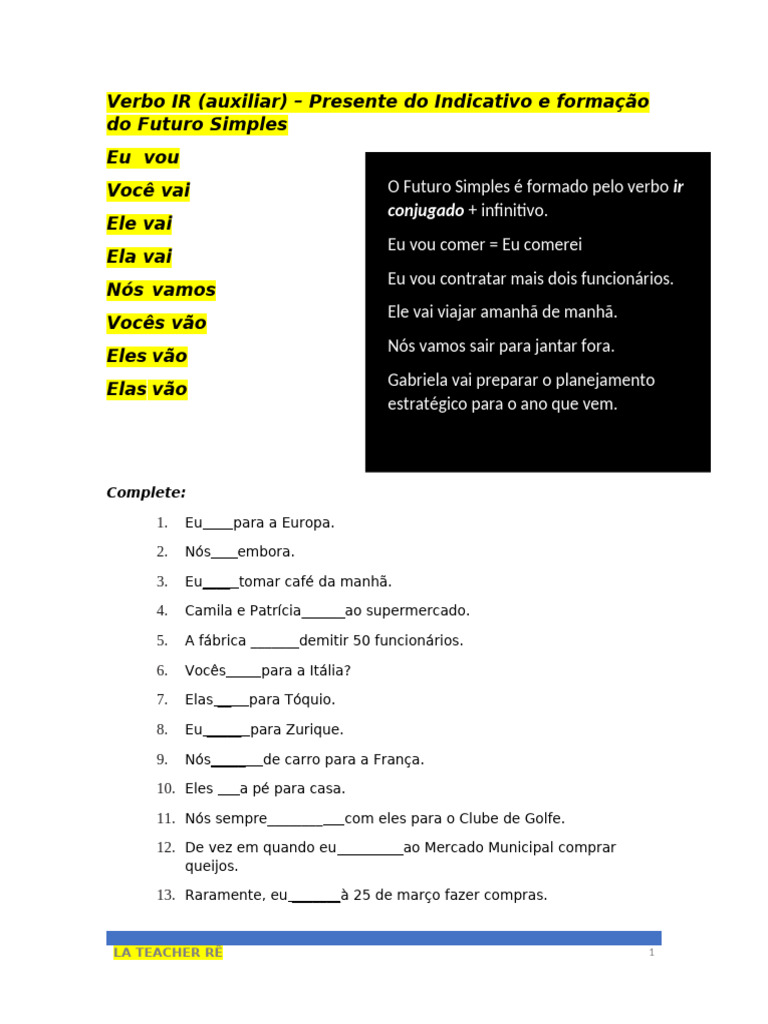 Futuro do Verbo Ir: Conjugação e Exemplos | PDF